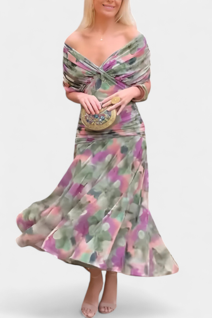 Elfriede | Damen Off-Shoulder Gerafftes Maxi Kleid