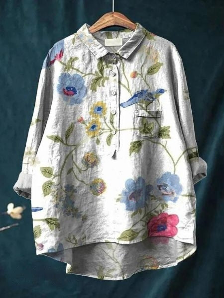 Leonie | Damen Blumen Bluse Mit Knopfleiste Und Tasche