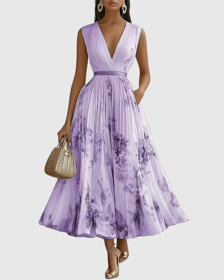Isabella | Damen Ärmelloses Geplissiertes Blumen Midi Kleid