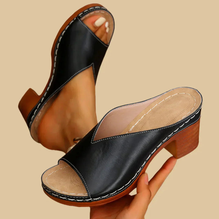 Gabriela | Damen Offene Slip On Pantoletten Mit Blockabsatz