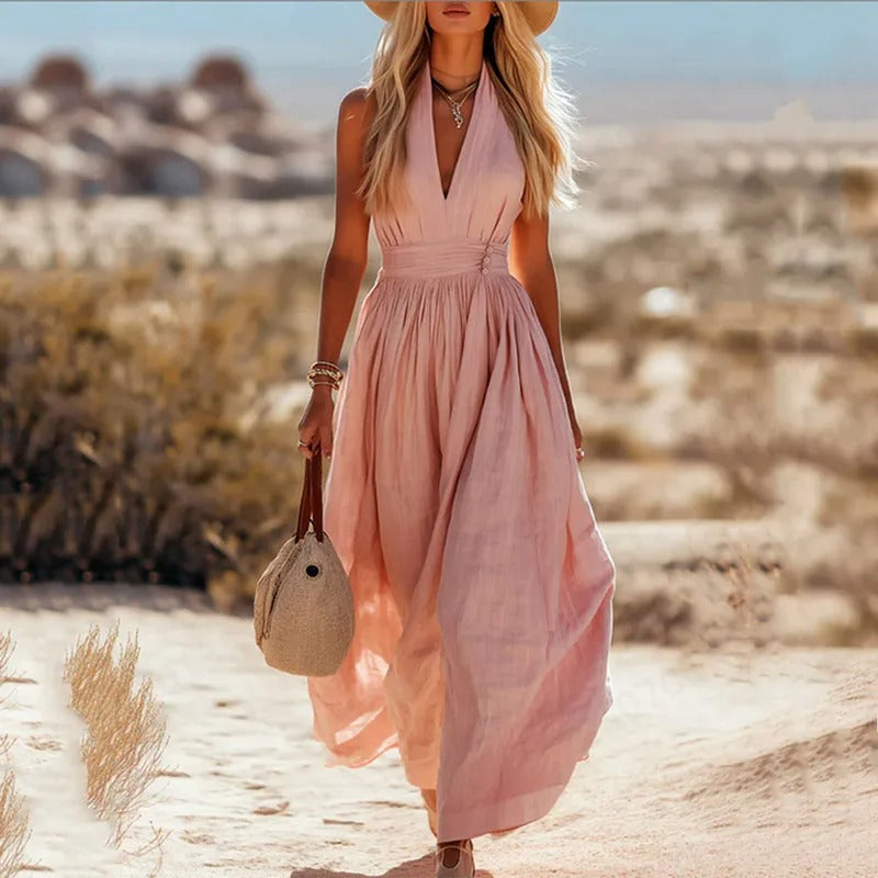 Mia | Damen Boho Neckholder Maxi Leinen-Kleid