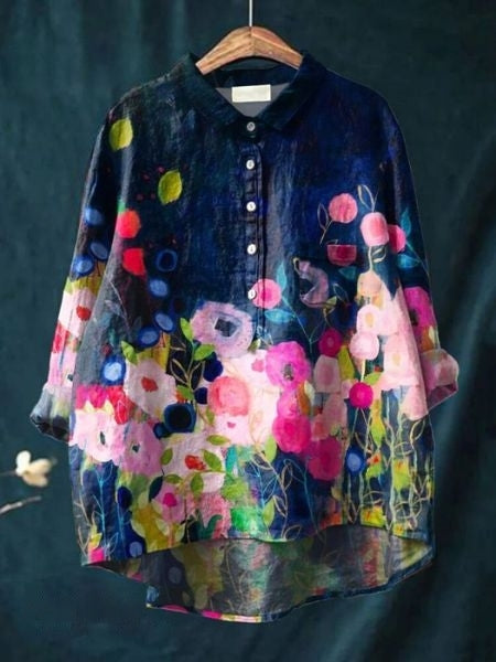 Leonie | Damen Blumen Bluse Mit Knopfleiste Und Tasche