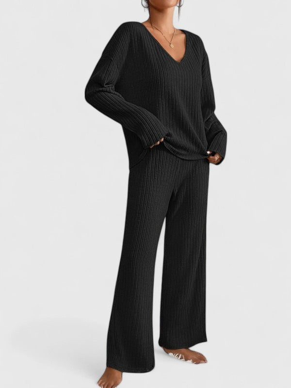 Sabina | Damen Lounge-Set mit Rippstrick und weiter Hose