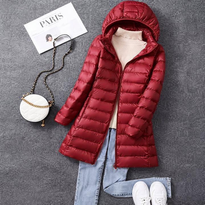 Greta | Wintermantel Damen Ultraleichter Langer Gesteppter Parka mit Kapuze