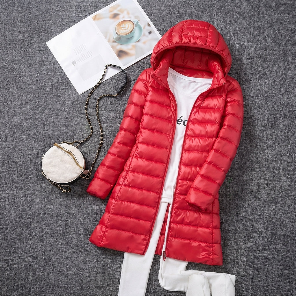 Greta | Wintermantel Damen Ultraleichter Langer Gesteppter Parka mit Kapuze