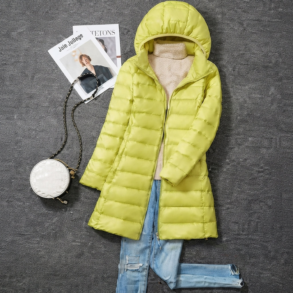 Greta | Wintermantel Damen Ultraleichter Langer Gesteppter Parka mit Kapuze