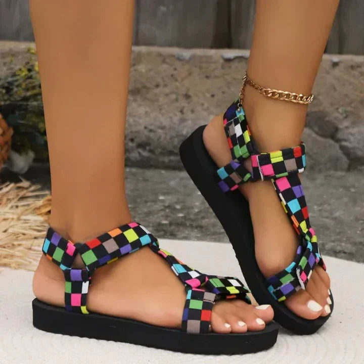 Jacqueline | Damen Bedruckte Riemen Flache Freizeitsandalen