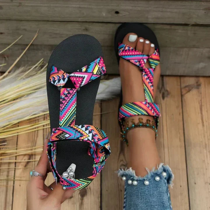 Jacqueline | Damen Bedruckte Riemen Flache Freizeitsandalen