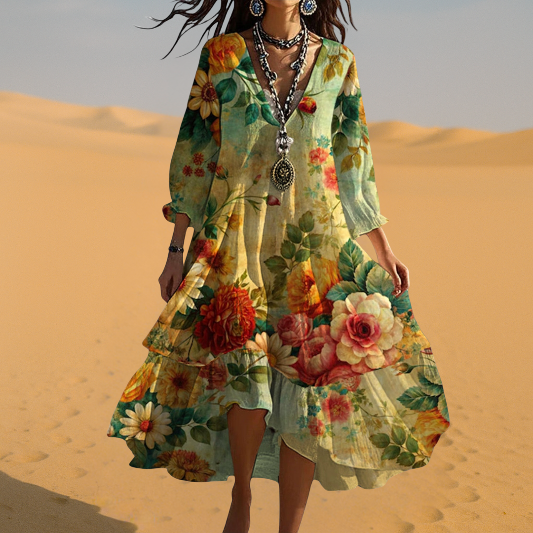 Eva | Damen Vintage Boho V-Ausschnitt Sommerkleid