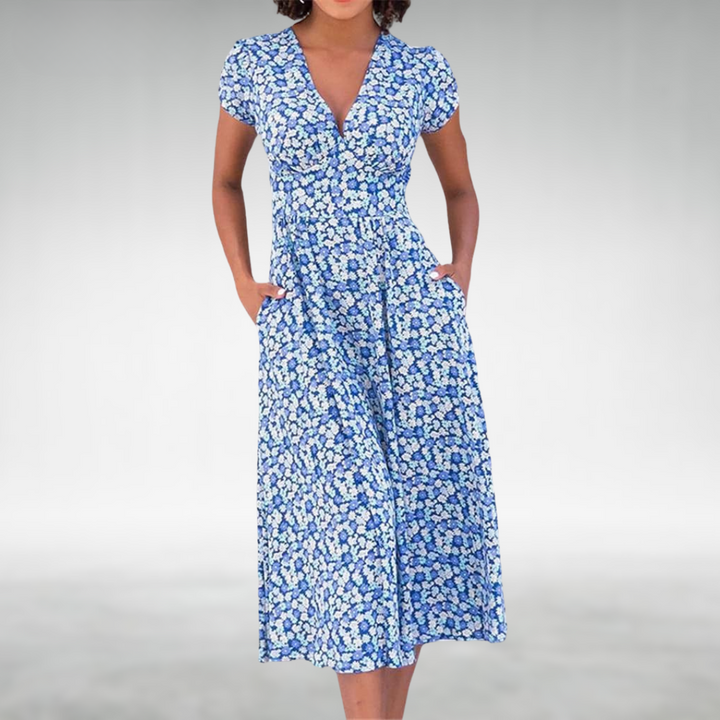 Julia | Damen Blumen V-Ausschnitt Midi Kleid mit Taschen