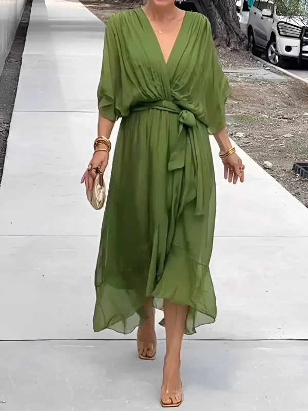 Helga | Damen Midi Kleid Mit Bindegürtel Und Flatterärmeln