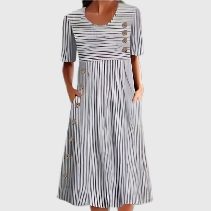 Jasmin | Damen Gestreiftes Midi Kleid Mit Knopfdetails