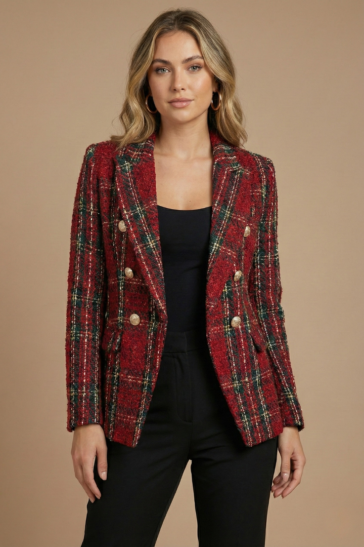 Sandra | Damen Kariertes Doppelreihiges Blazerjacke