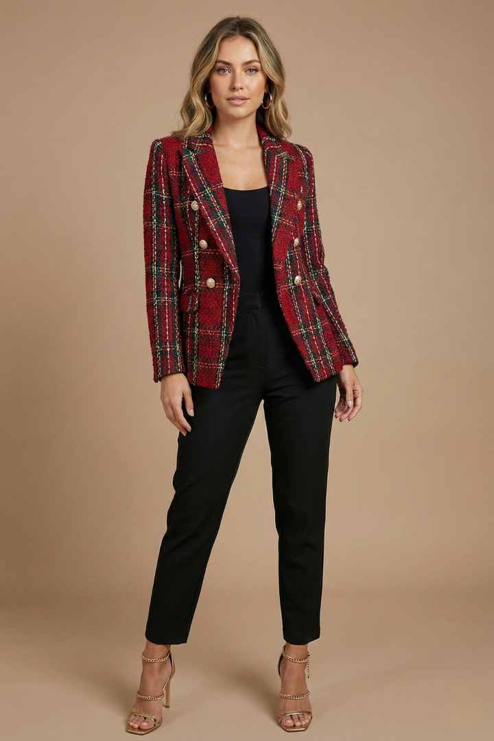 Sandra | Damen Kariertes Doppelreihiges Blazerjacke