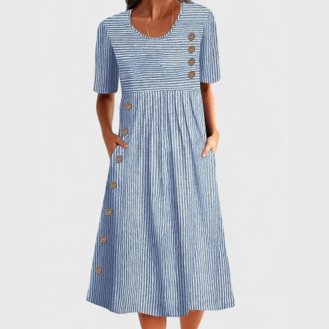 Jasmin | Damen Gestreiftes Midi Kleid Mit Knopfdetails