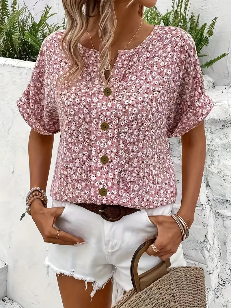Annika | Damen Sommer Kurzarm Blusen-Top mit Knöpfen