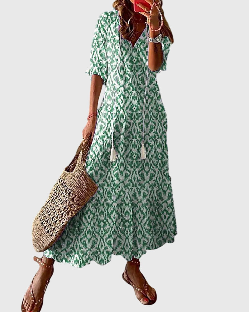 Michaela | Damen Boho Maxikleid mit V-Ausschnitt