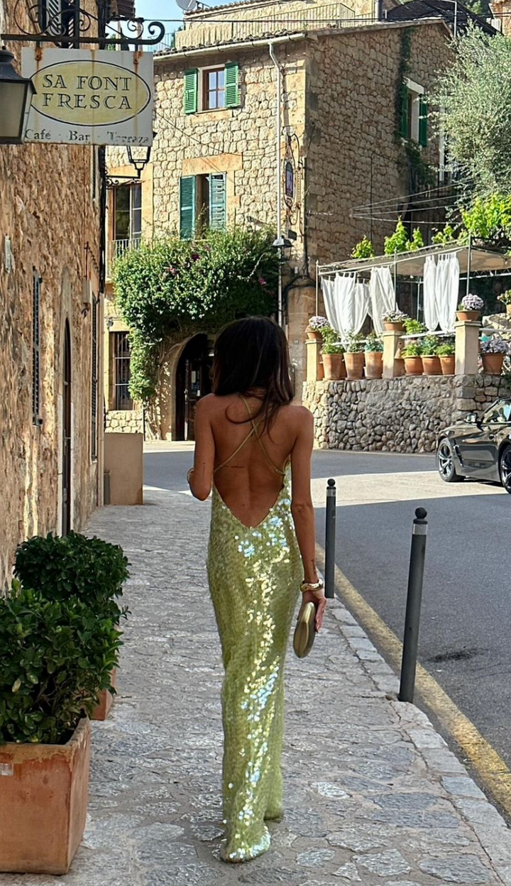 Sabina | Damen Sommerkleid mit Quadratkragen und Pailletten
