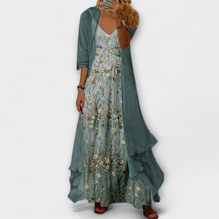 Eva | Damen Blumen V-Ausschnitt Geschichtetes Maxi Kleid