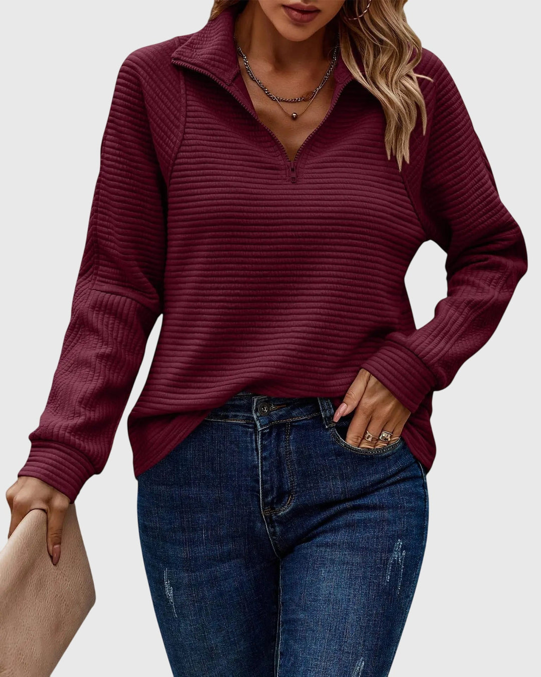 Christa | Damen Lässiger Langarm-Pullover mit Reißverschluss