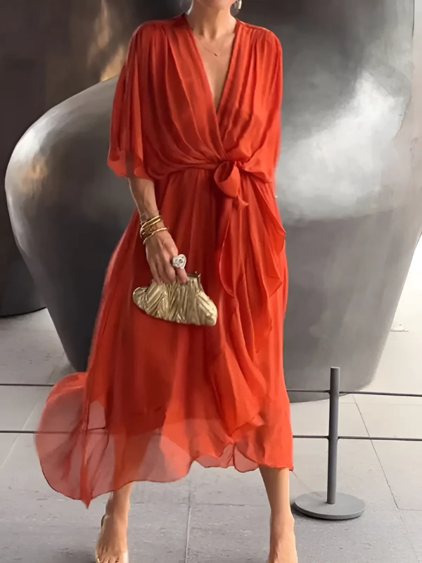 Helga | Damen Midi Kleid Mit Bindegürtel Und Flatterärmeln
