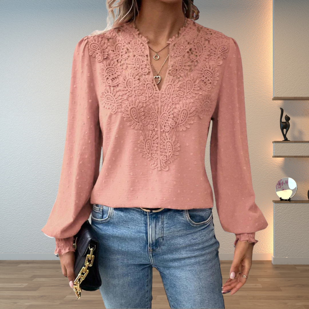 Isabella | Damen V Ausschnitt Langarm Bluse Mit Floralen Details