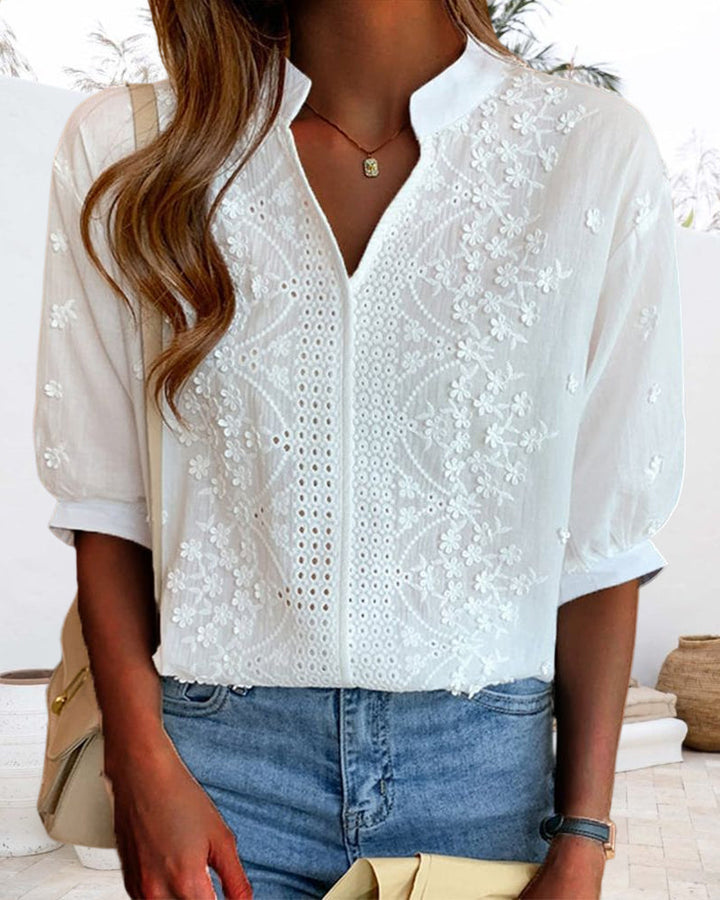 Susanne | Damen V-Ausschnitt Puffärmel Bluse