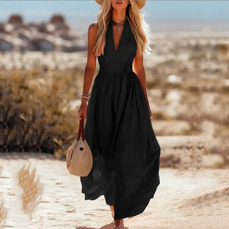 Mia | Damen Boho Neckholder Maxi Leinen-Kleid