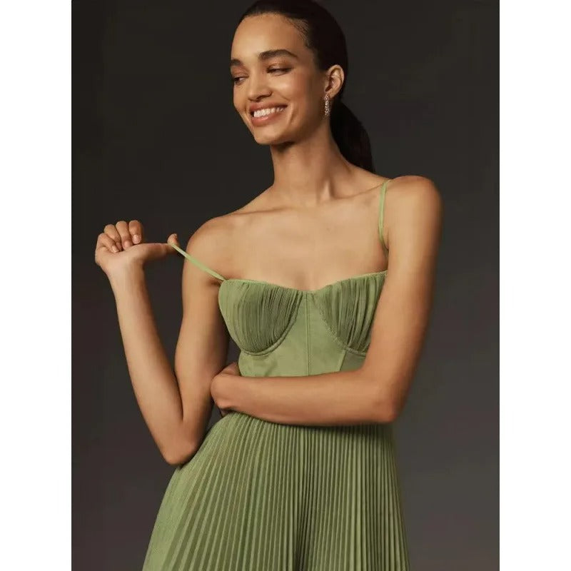 Leonie | Damen Plissee Midi-Slip-Kleid mit Bustier-Korsett