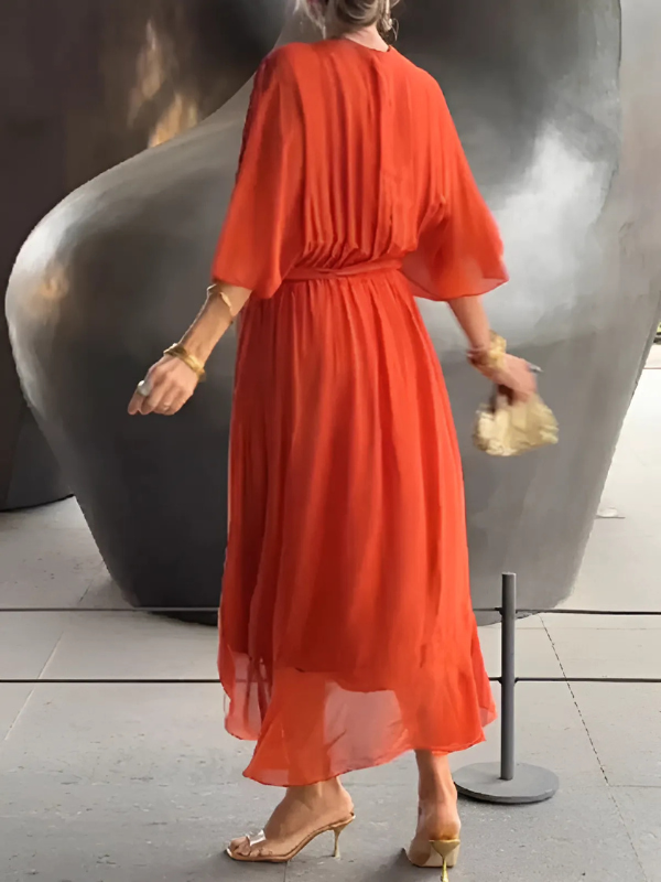 Helga | Damen Midi Kleid Mit Bindegürtel Und Flatterärmeln