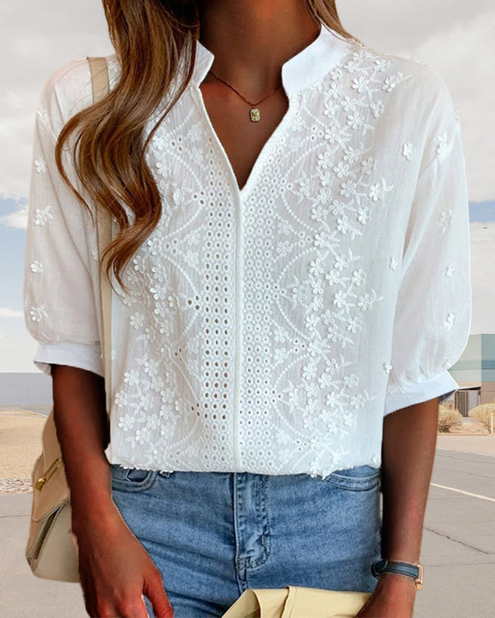 Susanne | Damen V-Ausschnitt Puffärmel Bluse