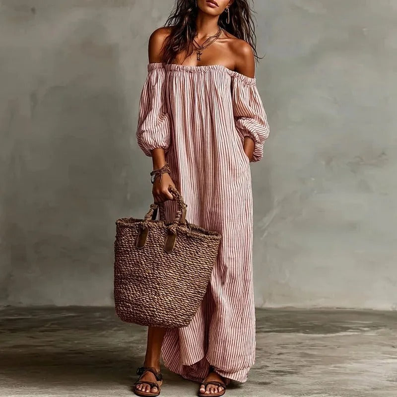 Mia | Damen Gestreiftes Knopfleisten Dreiviertelarm Midi-Kleid