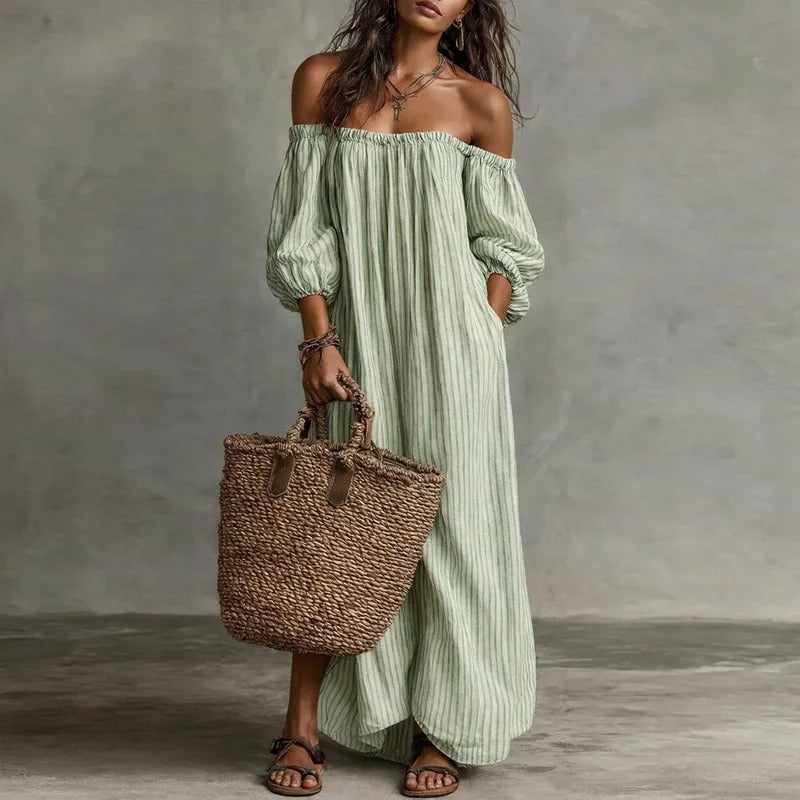 Mia | Damen Gestreiftes Knopfleisten Dreiviertelarm Midi-Kleid