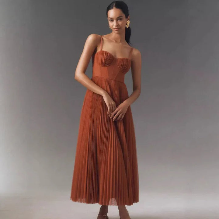 Leonie | Damen Plissee Midi-Slip-Kleid mit Bustier-Korsett