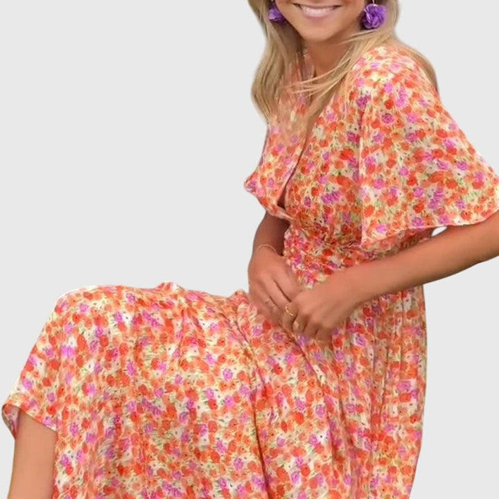 Regine | Damen Maxikleid mit Blumenmuster und Kurzärmeln