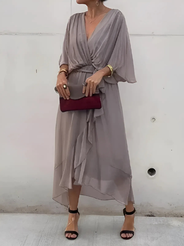 Helga | Damen Midi Kleid Mit Bindegürtel Und Flatterärmeln