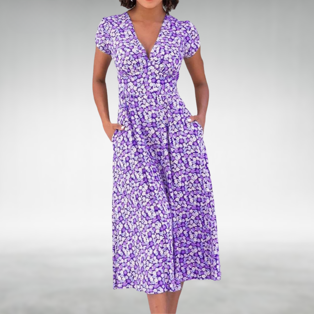 Julia | Damen Blumen V-Ausschnitt Midi Kleid mit Taschen