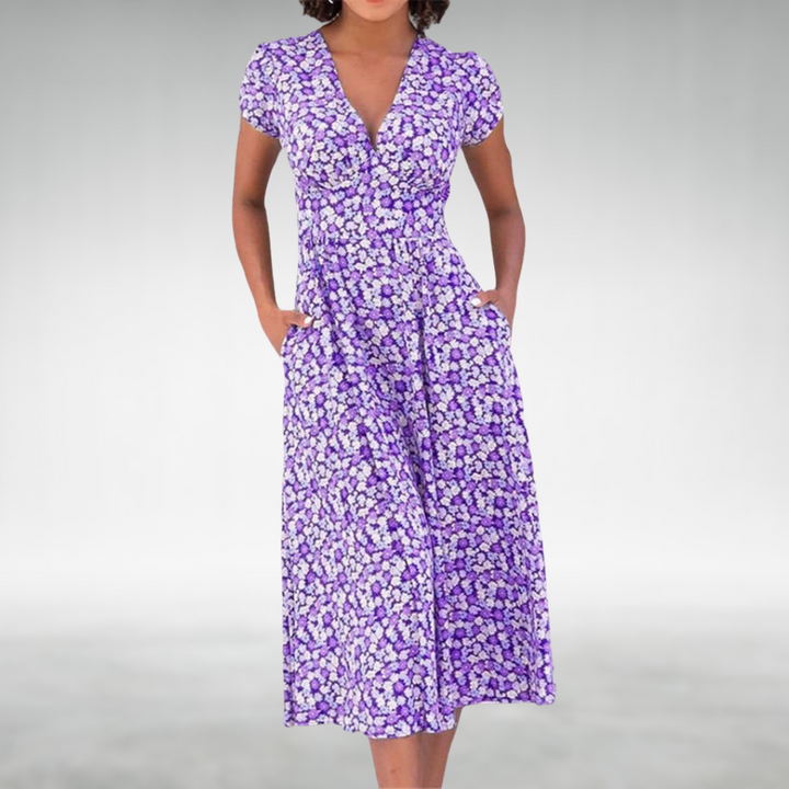Julia | Damen Blumen V-Ausschnitt Midi Kleid mit Taschen