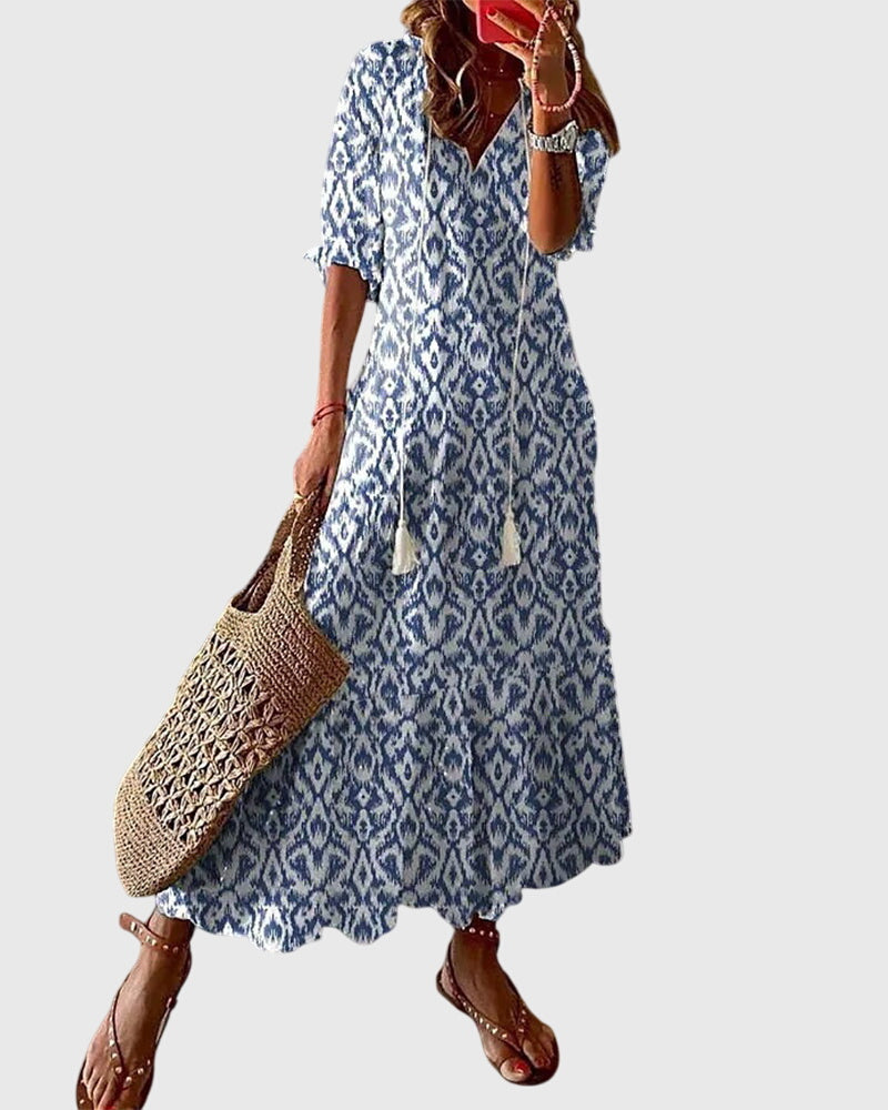 Michaela | Damen Boho Maxikleid mit V-Ausschnitt