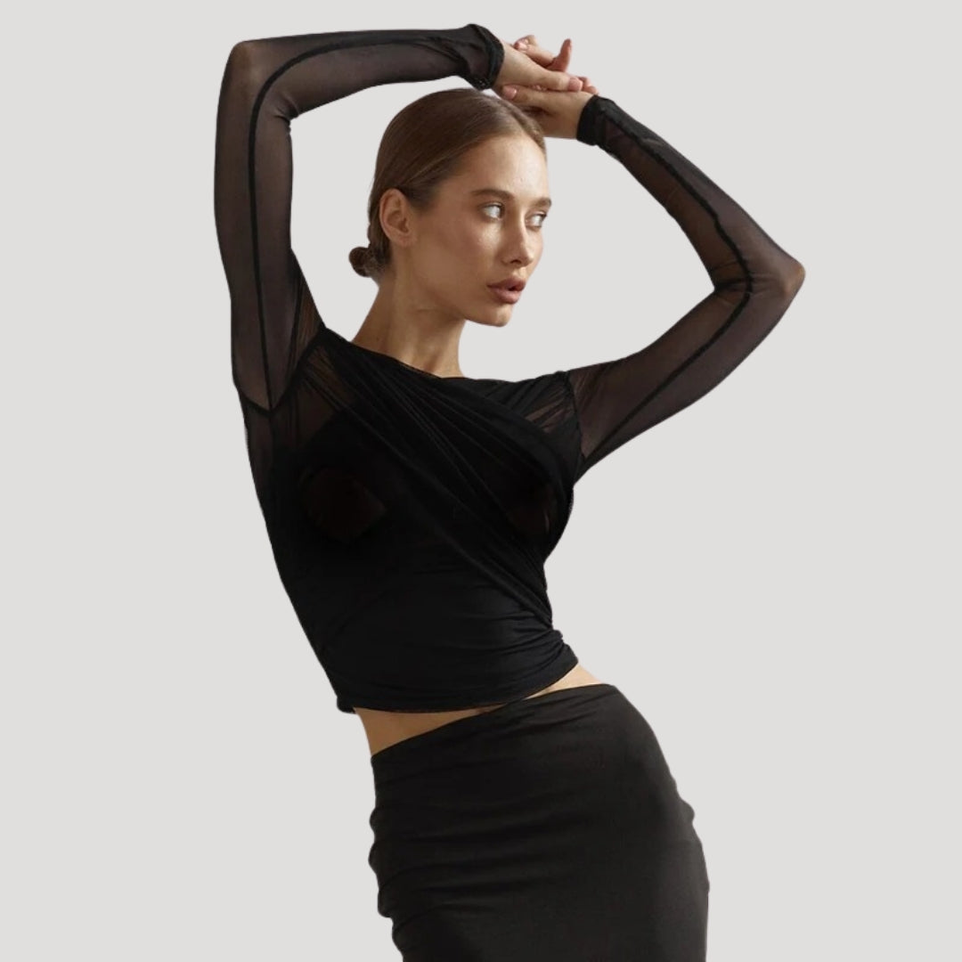 Sabina | Damen Frühlings Transparentes Wickel-Oberteil mit Langarm