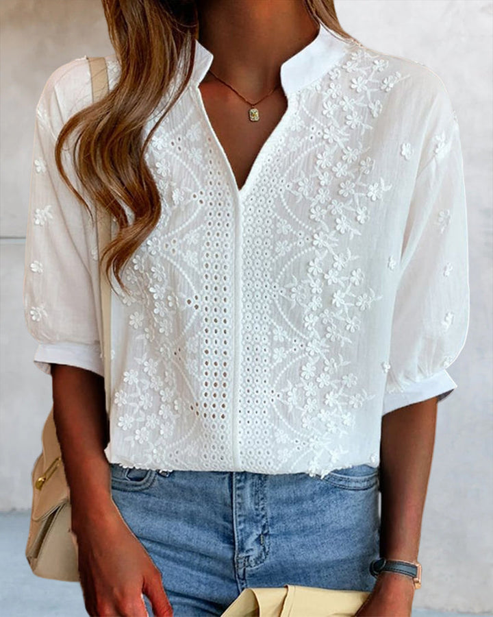 Susanne | Damen V-Ausschnitt Puffärmel Bluse