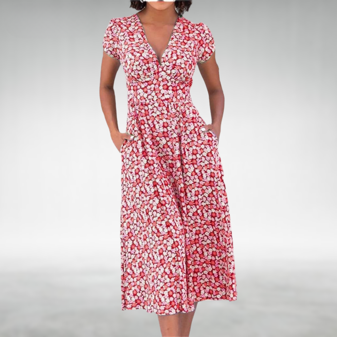 Julia | Damen Blumen V-Ausschnitt Midi Kleid mit Taschen