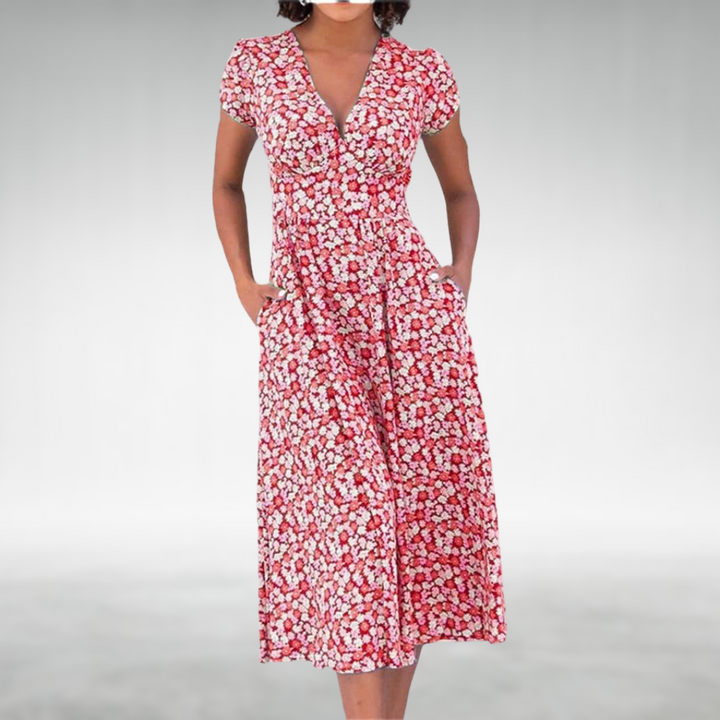 Julia | Damen Blumen V-Ausschnitt Midi Kleid mit Taschen
