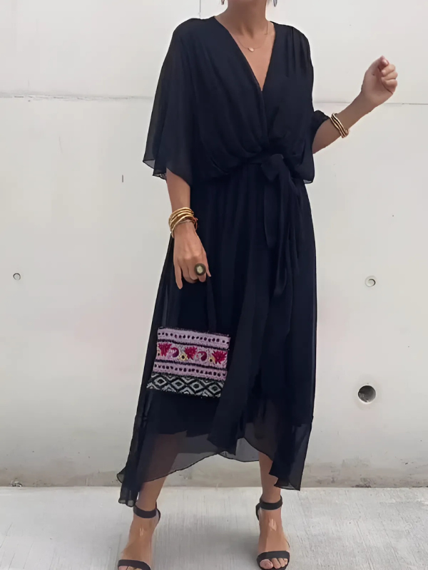 Helga | Damen Midi Kleid Mit Bindegürtel Und Flatterärmeln