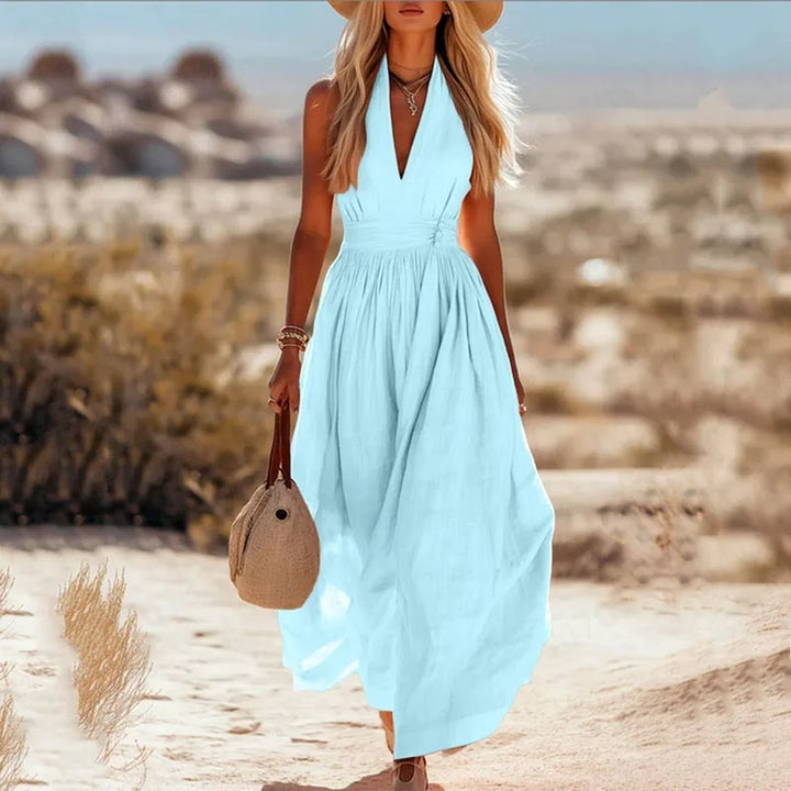 Mia | Damen Boho Neckholder Maxi Leinen-Kleid