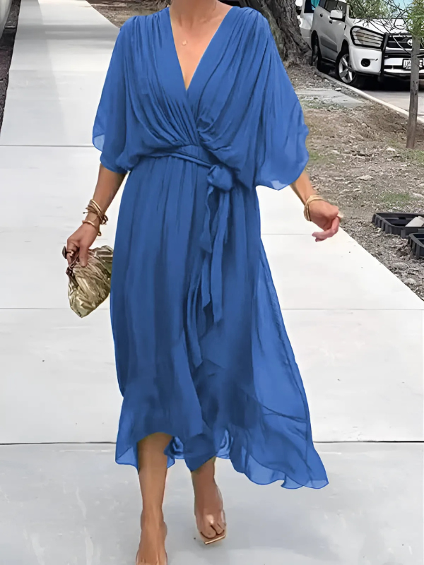 Helga | Damen Midi Kleid Mit Bindegürtel Und Flatterärmeln