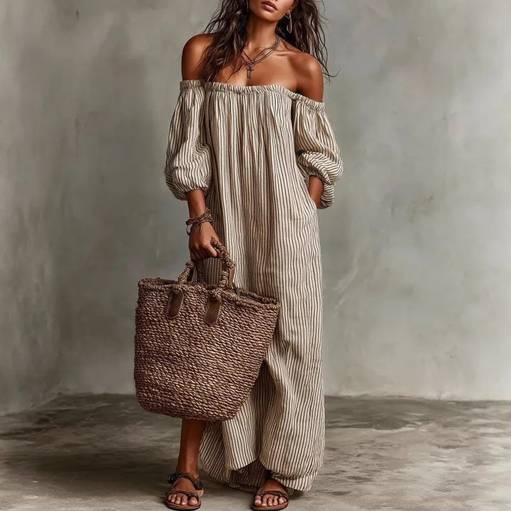 Mia | Damen Gestreiftes Knopfleisten Dreiviertelarm Midi-Kleid