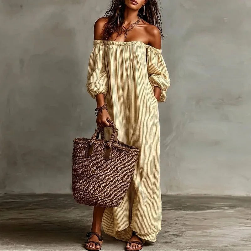 Mia | Damen Gestreiftes Knopfleisten Dreiviertelarm Midi-Kleid