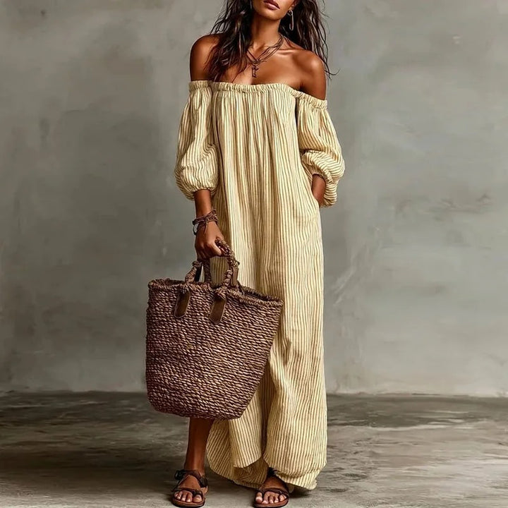 Mia | Damen Gestreiftes Knopfleisten Dreiviertelarm Midi-Kleid
