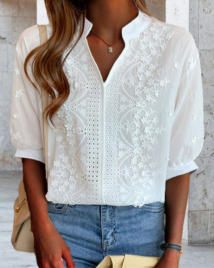 Susanne | Damen V-Ausschnitt Puffärmel Bluse